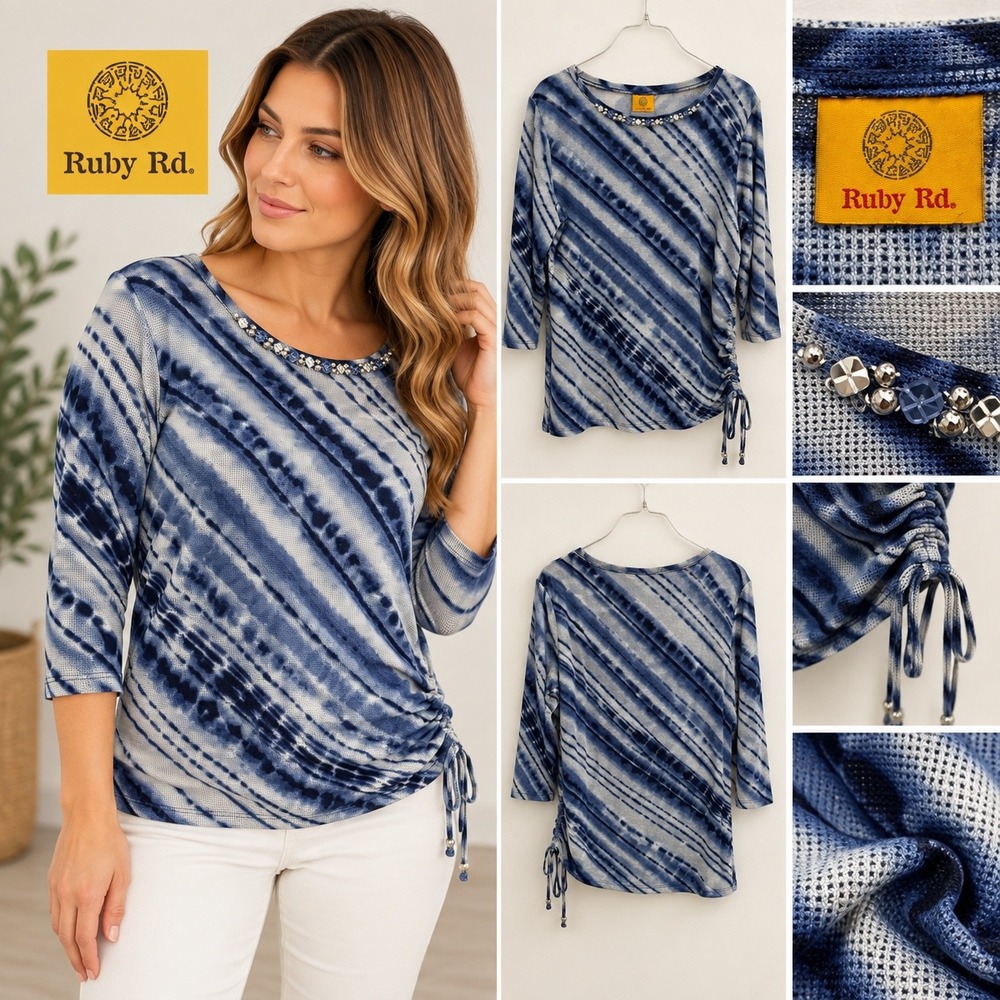 Ruby Rd Womens Blue Tie Dye Embellished Neck 3/4 Sleeve Ruched Side Top